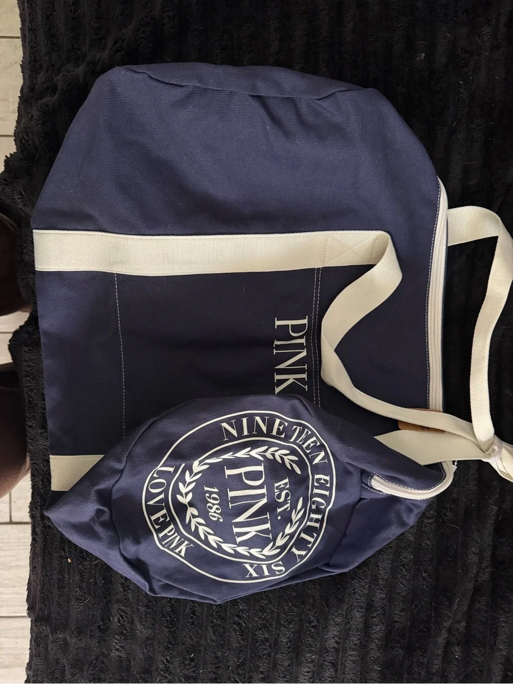 PINK Victoria's Secret Navy Duffel Bag with Cream Straps